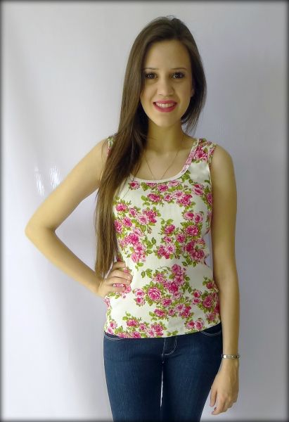 Blusinha Malha Canelada Flor Rosa
